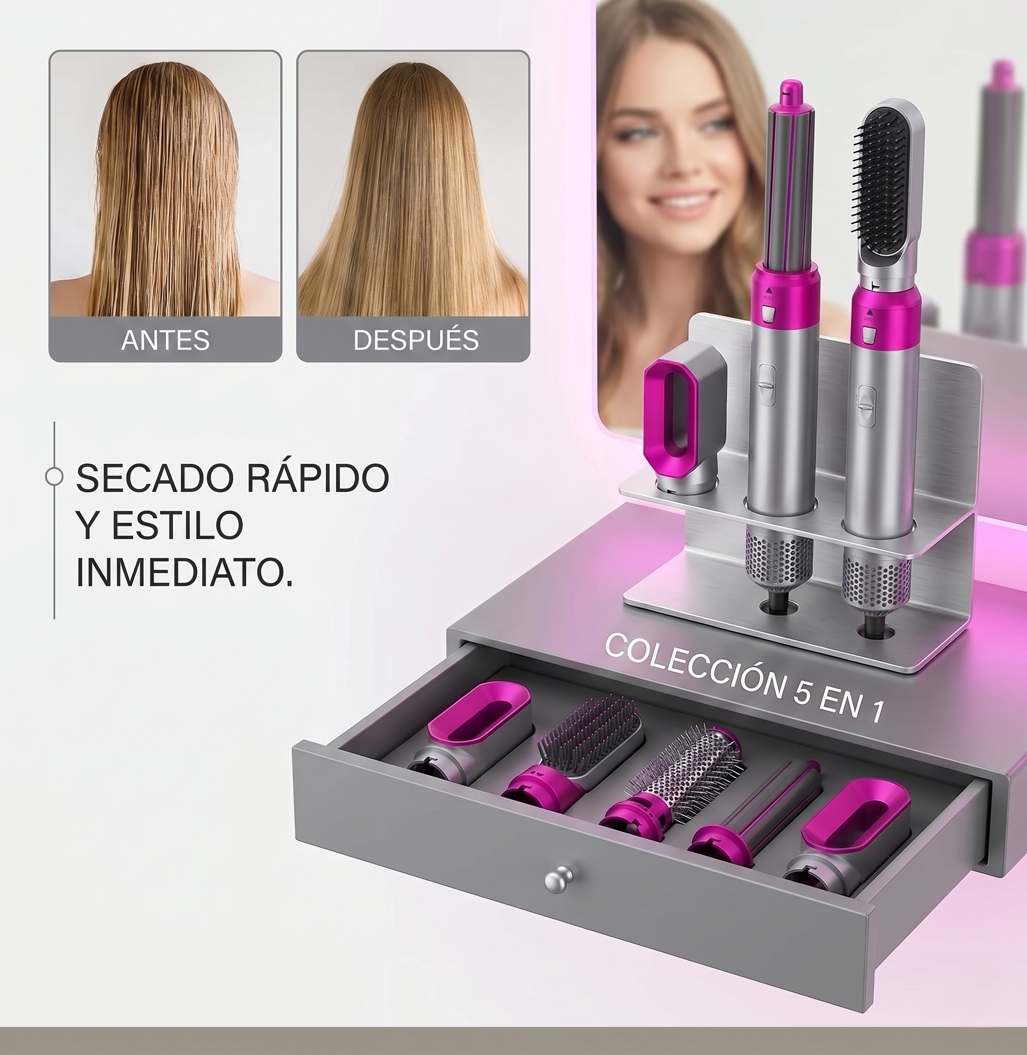 Cepillo Secador 5 en 1 Pro: Tu Salón en Casa (Seca, Alisa y Riza)